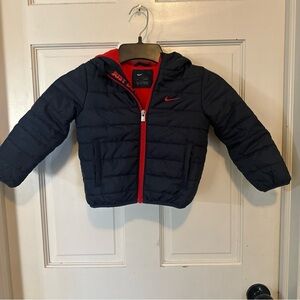 Nike obsidian, navy blue hooded puffer Jacket. Red Zipper Fleece Lined 24 Months